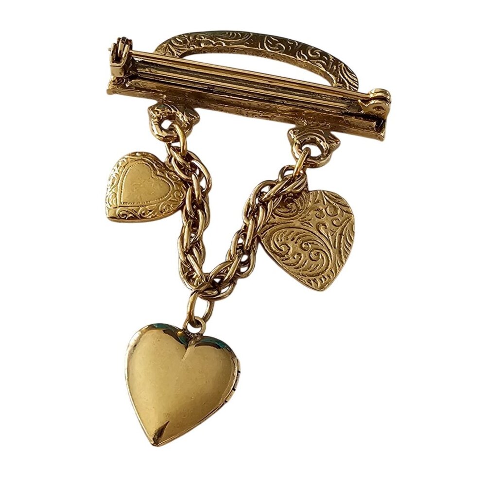 1928 Brand Bar Pin Heart Chain Dangle Brooch Locket Pin J522 - Picture 4 of 8